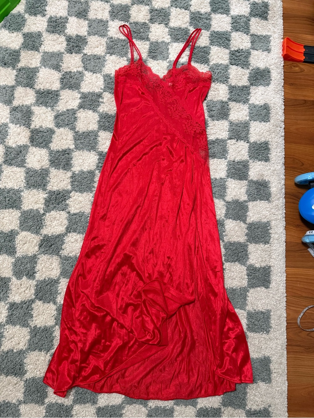 Vintage Red Satin Lace Trim Slip Dress 100% Nylon Made in USA americana medium